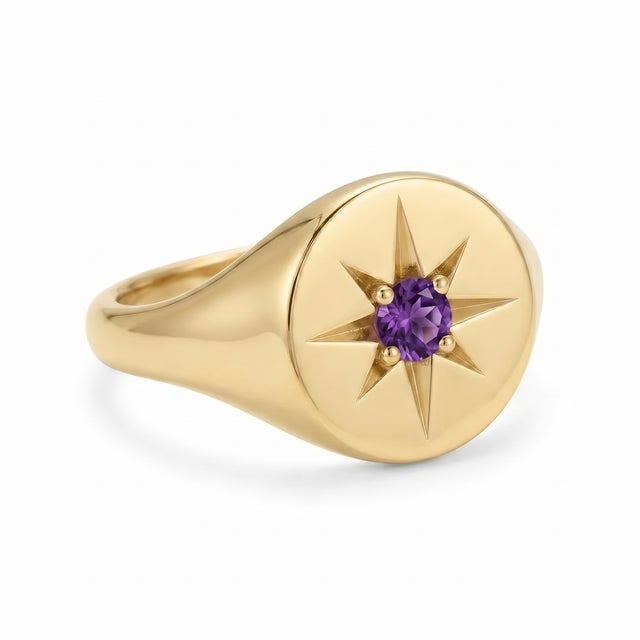 Gold Starburst Amethyst Signet Ring | Oval Face Celestial Ring | Minimalist Chunky Unisex Ring Us 7 For Sale - Image 4 of 5