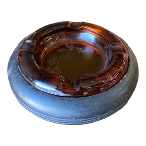 1930s Round Dark Gold Amber Glass Art Deco Ashtray with Ebony Holder