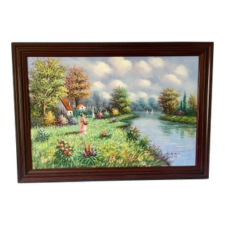 W. Hodges Signed Oil Painting on Canvas River Cottage Floral Landscape For Sale