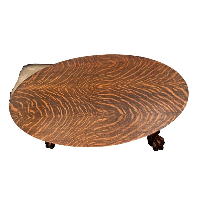 Antique Tiger Oak Oval Coffee Table, Carved Paw Feet, Drawer, Shelf, By: Piqua For Sale - Image 4 of 12