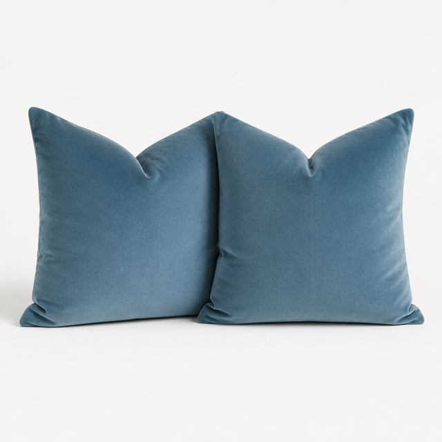 Modern One Pair of Kravet Fabric’s Vintage French Blue Cotton Velvet Down and Feather Pillows For Sale - Image 3 of 3