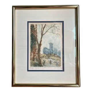 Vintage 1948 Original Signed Etching in Color by Italian Artist Federico Ferrari Matted in a Brass Frame For Sale