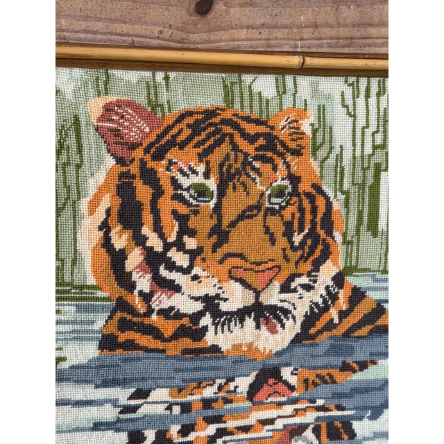 Wood Vintage Boho Safari Tiger Needlepoint Wall Art in Bamboo Trim Frame For Sale - Image 7 of 12