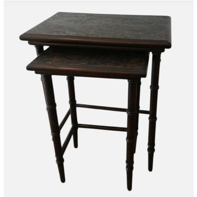 Mid-Century Modern 1950s MCM Nesting Tables Chinoiserie Lacquered Mosaic Faux Bamboo Legs Asian Vintage For Sale - Image 3 of 18