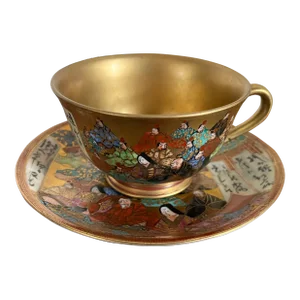 Antique Japanese Meiji Kutani Porcelain Tea Cup and Saucer With Hand Painted Immortals of Poetry