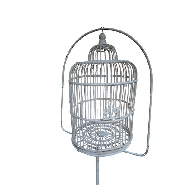 Antique White Wicker Birdcage on Metal Stand Sunroom Garden Decor For Sale - Image 4 of 12