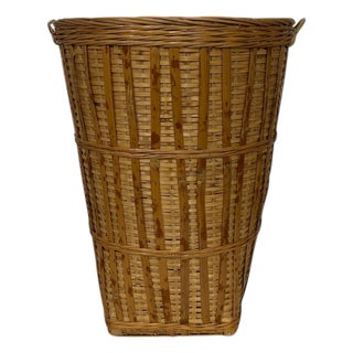 Vintage Tall Tapered Scorched, Tortoise Bamboo Double Handle Basket For Sale