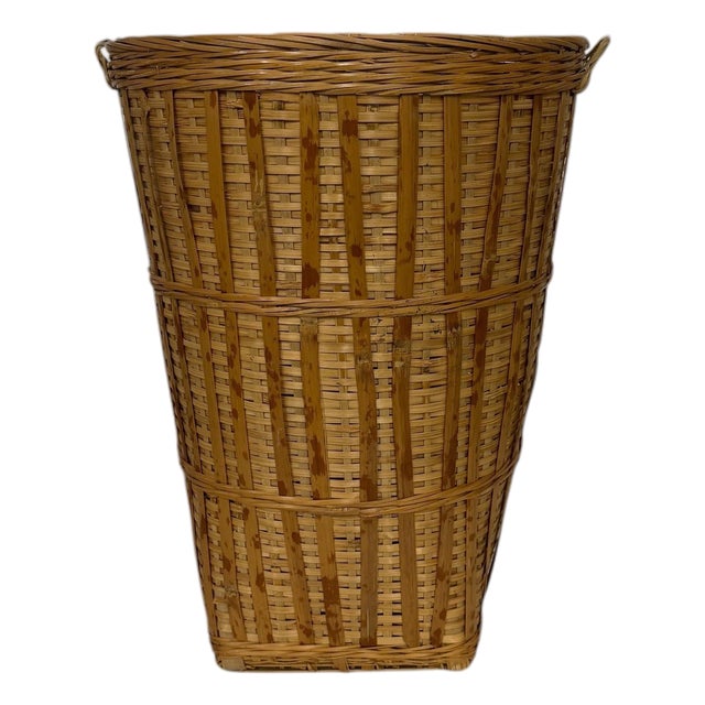 Vintage Tall Tapered Scorched, Tortoise Bamboo Double Handle Basket For Sale