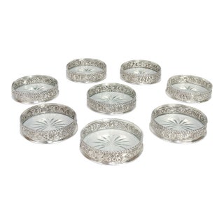 Antique Set of 8 S. Kirk & Son Repousse Sterling Silver & Cut Glass Coasters For Sale