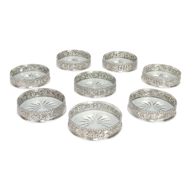Antique Set of 8 S. Kirk & Son Repousse Sterling Silver & Cut Glass Coasters For Sale