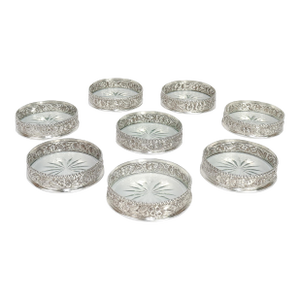 Antique Set of 8 S. Kirk & Son Repousse Sterling Silver & Cut Glass Coasters