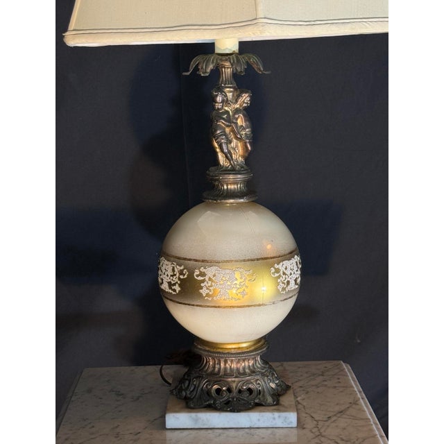 Glass 2000s Neoclassical Cherub Table Lamp With Ivory Glass Globe For Sale - Image 7 of 8