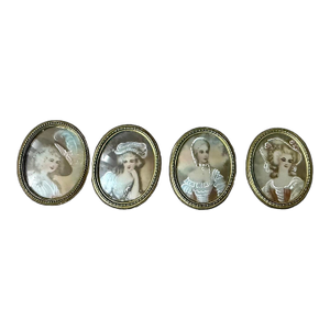 Early 19th Century Four Hand Painted Oval Porcelain Medallions Gilded Age Ladies Framed Hanger on Back