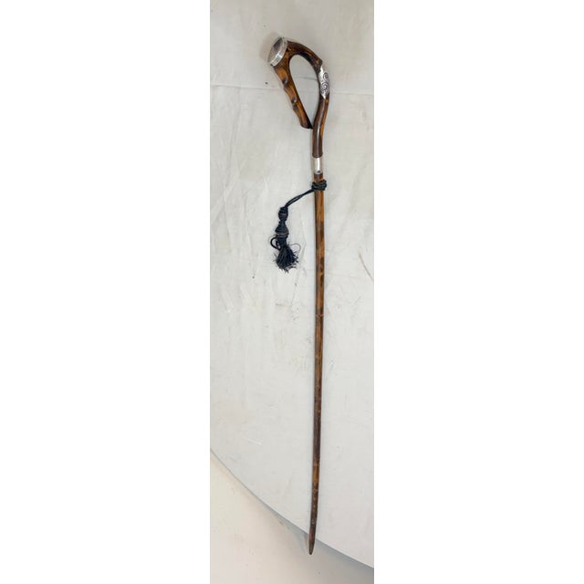 Brown Antique 19th Century Handmade Tooled Sterling Silver Wood Walking Stick Cane For Sale - Image 8 of 13