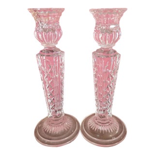Pair of Vintage Irena Poland 8" Lead Crystal Candlesticks - Diamond & Wedge Cut For Sale
