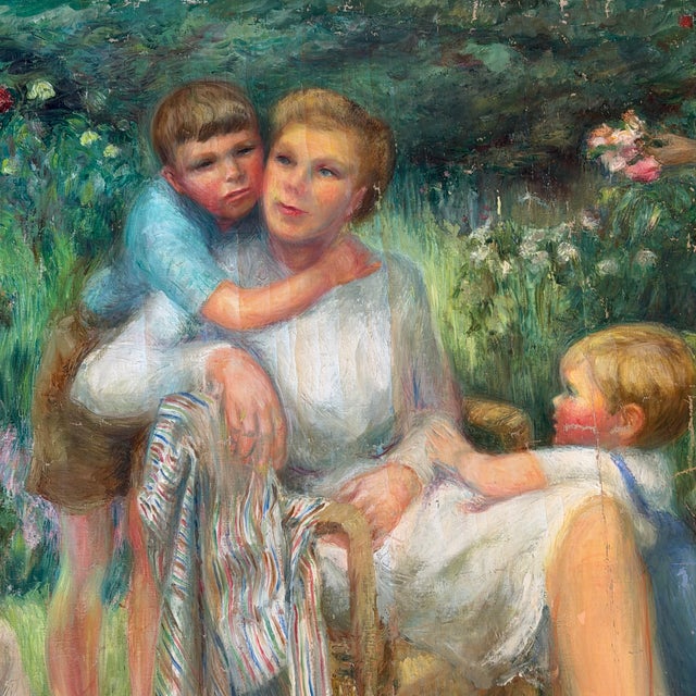 1960s Impressionist Oil Painting: Listed Maine Artist Emily Muir (1904–2003) Large Figural Garden Scene With Mother and Children, Oil on Canvas For Sale - Image 4 of 8