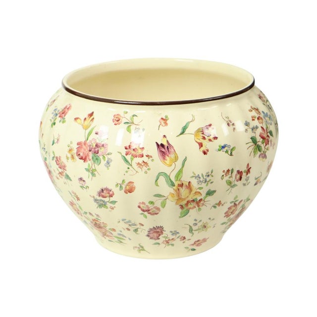 Beautiful and very large antique flowerpot, cache pot with polychrome floral decoration made of crackle earthenware,...