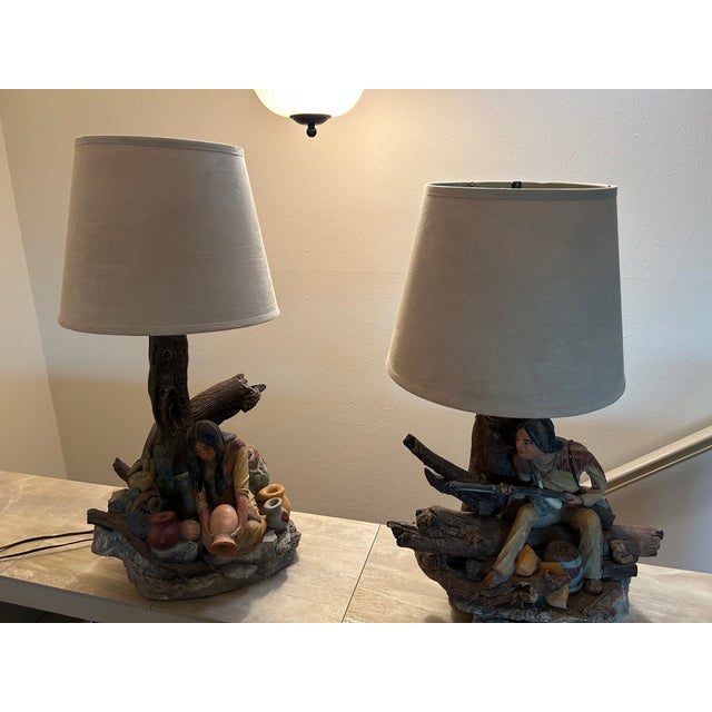 1960s Vintage Rustic Cabin Apsit of California American Indian Scenes Chalk Lamps - Set of 2 For Sale - Image 5 of 9