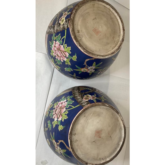 Vintage Chinese Koi Fish Porcelain Jardiniere Blue With Floral Fish Bowl, Pair For Sale - Image 12 of 12