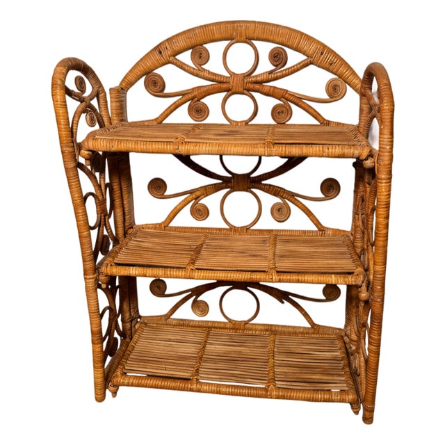 Vintage Boho Rattan Wicker 3 Tier Folding Wall Shelf For Sale
