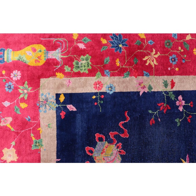 Textile Large Antique Art Deco Rug in Deep Navy Blue With Vibrant Red Border For Sale - Image 7 of 13