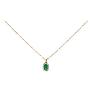 10K Yellow Gold 5x3mm Green Emerald and Diamond Accent Halo Octagonal Shape 18" Pendant Necklace (I-J Color, I1-I2 Clarity) For Sale