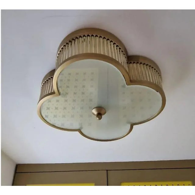 Art Deco Vintage 1940s Art Deco Mount Ceiling Hanging Fixture Brass & Glass Rod Ship Light For Sale - Image 3 of 3
