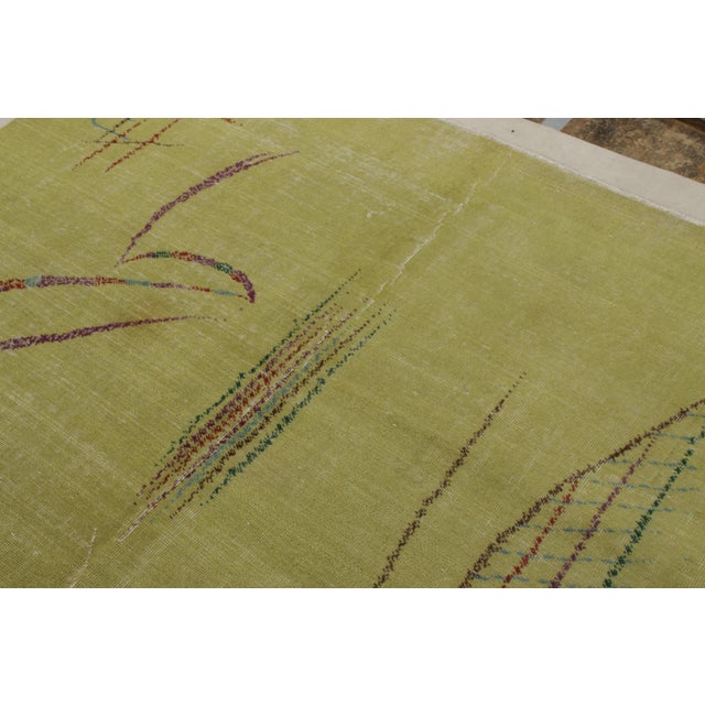 1960s 1960s Vintage Art Deco Rug in Distressed Green, Purple, Geometric Pattern For Sale - Image 5 of 7