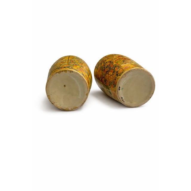 Brass Pair of 24” Chinese Export Chinoiserie Porcelain Vases With Ruffled Edge & Gilt Animal-Form Handles – Late 20th Century For Sale - Image 8 of 11