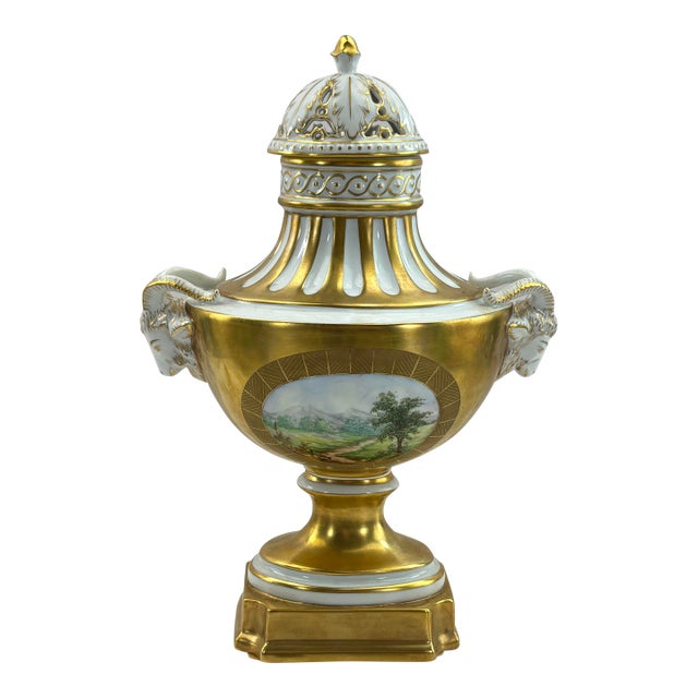 Antique Dresden Porcelain Urn Vase With Figural Ram Handles & Reticulated Lid For Sale