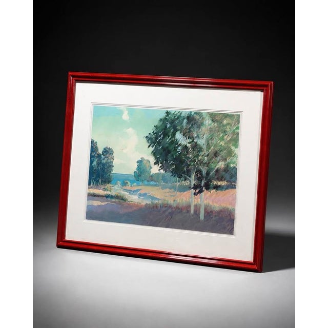 Large Red Framed Coastal Countryside Landscape Wall Art For Sale - Image 4 of 4
