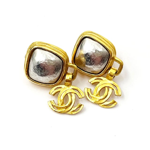 Chanel Vintage Gold Plated Square Silver Stone CC Clip on Earrings *Marked 97 *Made in France *Comes with the original box...
