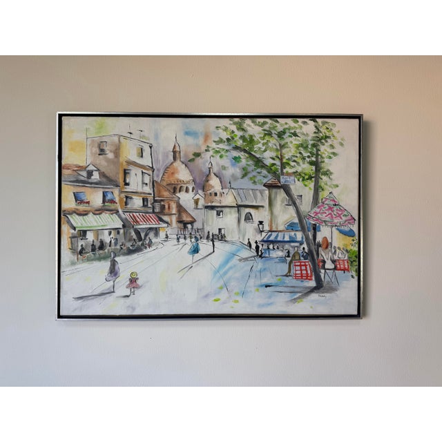 Mid-Century Modern 1980’s Beverly Parisian Cityscape Street Scene Oil on Canvas Painting, Wood Framed For Sale - Image 3 of 12