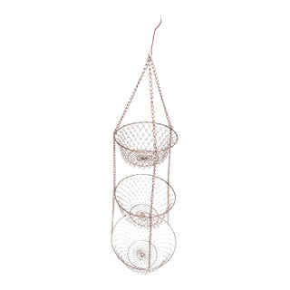 Vintage Mid Century Modern Copper Tone Wire Mesh Metal Hanging 3 Tier Fruit Basket For Sale