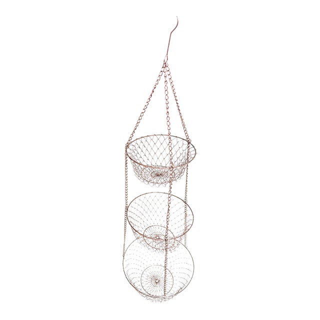 Vintage Mid Century Modern Copper Tone Wire Mesh Metal Hanging 3 Tier Fruit Basket For Sale