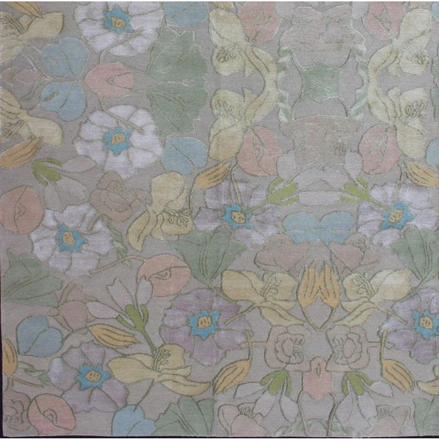 Nepalese Modern rug with wool and silk in pastel floral flowers in pink, mauve, green, blue, white, peach and creamy...