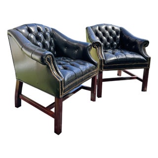 Vintage Chesterfield Style Tufted Chairs in Black a Pair For Sale
