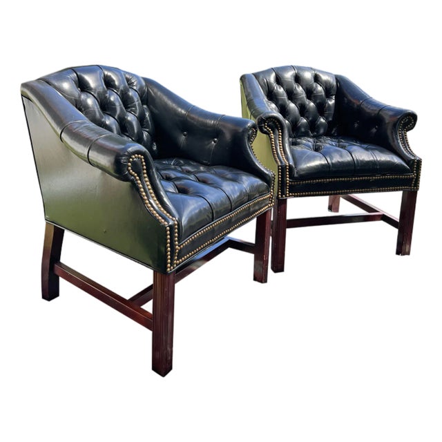 Vintage Chesterfield Style Tufted Chairs in Black a Pair For Sale