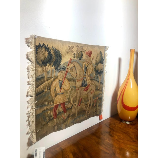 Gothic 1990s Hand Woven Wool Tapestry Fragment Featuring a Man on Horseback With Guide in Gold, Green and Red Colors For Sale - Image 3 of 7