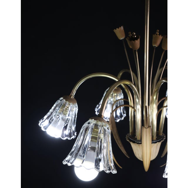 1950 Art Decò Murano Glass and Brass Chandelier, 6 Light For Sale - Image 6 of 18