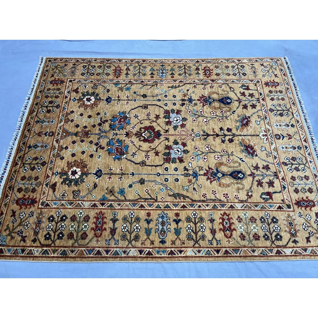 Art Deco Persian Style Sultani Floral Wool Rug in Golden Beige, Burgundy and Blue, 5'2" X 6'6" For Sale - Image 3 of 17