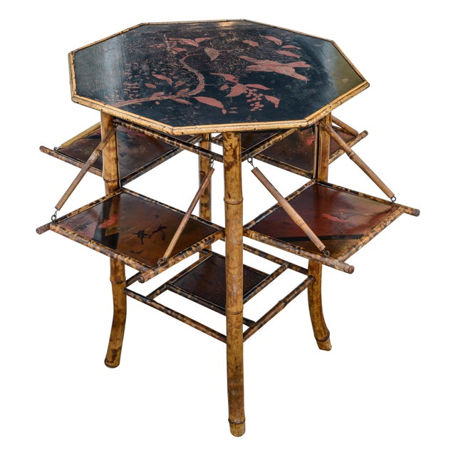 Chinoiserie French Tiger Bamboo Chinoiserie Tea Table With Folding Shelves For Sale - Image 3 of 11