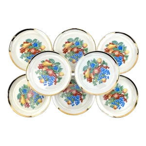 Vintage 1940s 24 Karat Gold Rim Hand Painted Fruit Design Plates- Set of 8