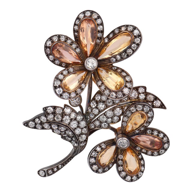 Antique Imperial Topaz Old Mine Cut Diamond Silver Gold Flower Brooch For Sale