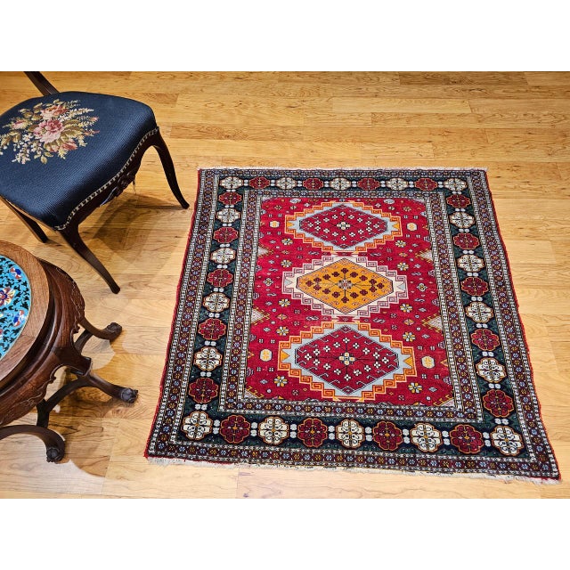 Vintage Persian Tribal Square Rug, Hand-Knotted Wool, Geometric Medallions Pattern, 4x4, Red & Blue For Sale In Chicago - Image 6 of 15