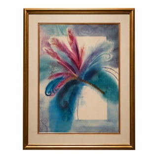 Vintage Framed Abstract Floral Artwork in Blue, Teal and Pink With Gold Frame - Signed For Sale
