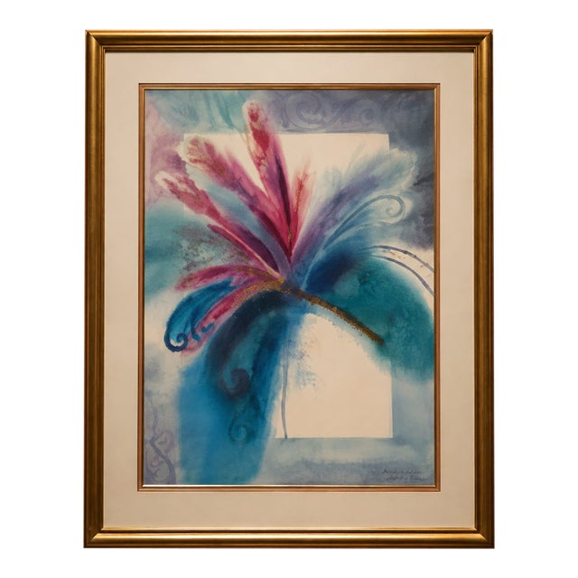 Vintage Framed Abstract Floral Artwork in Blue, Teal and Pink With Gold Frame - Signed For Sale