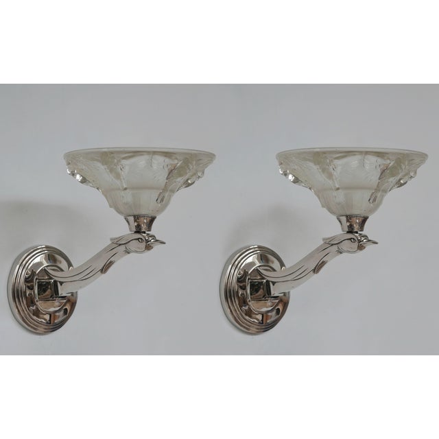 Jean Boris Lacroix A beautiful pair of French art deco wall sconces around 1935 in nickel plated solid brass or bronze and...
