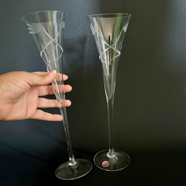 Mid-Century Modern Vintage Romanian Fluted Champagne Glasses – Set of 2 Tall 11 7/8” Elegant Glassware For Sale - Image 3 of 7