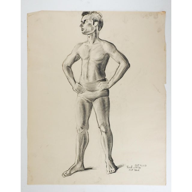Vintage charcoal on paper male figural study by Geneva Flores Hart Fell (1906-2008) Texas. Signed and dated 1950 lower...